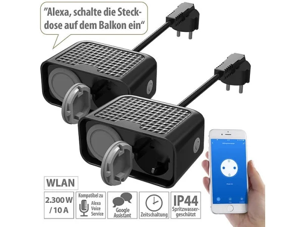 Luminea Home Control Doppelstecker:2er-Set Outdoor-WLAN-2-fach-Steckdosen Komp. Zu Alexa & Google Ass. 1