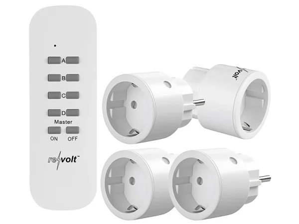 Revolt Funkstecker:4er-Set Mini-Funksteckdosen Mit Fernbedienung, Bis 2.300 Watt, 50 M 1