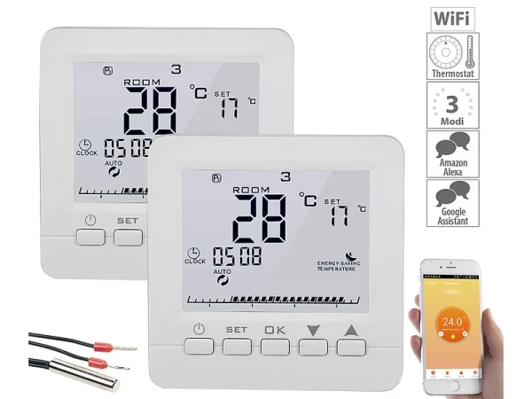 Revolt Wandthermostat:2er-Set WLAN-Thermostate Für Fußbodenheizung, Für Siri, Alexa & GA 1