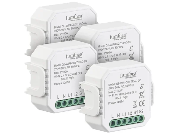 Luminea Home Control Dimmer-Schalter LED:4er-Set WLAN-Unterputz-2-Kanal-Lichtschalter & -Dimmer, App 1