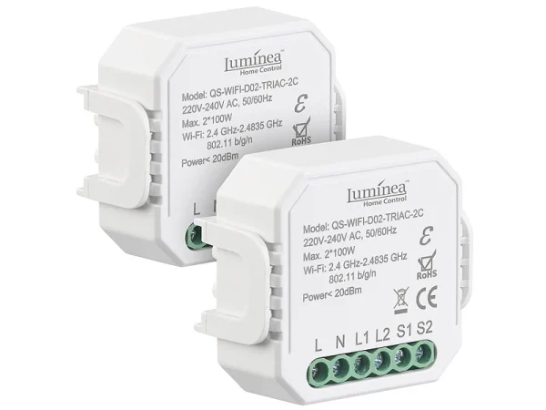 Luminea Home Control Dimmer-Schalter LEDs:2er-Set WLAN-Unterputz-2-Kanal-Lichtschalter & -Dimmer, App 1