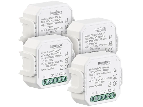 Luminea Home Control WLAN-Schalter Alexa:4er-Set WLAN-Unterputz-2-Kanal-Lichtschalter Mit App & Sprachsteuerung 1
