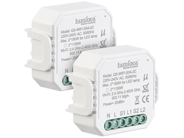 Luminea Home Control Smart Lichtschalter:2er-Set WLAN-Unterputz-2-Kanal-Lichtschalter Mit App & Sprachsteuerung 1