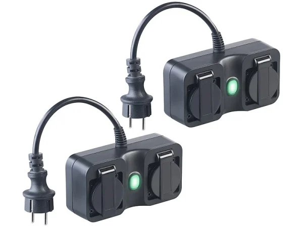 Luminea Home Control Alexa Steckdosen Aussen:2er-Set 2-fach-WLAN-Outdoor-Steckdose, App, Sprachsteuerung, 16A, IP44 1