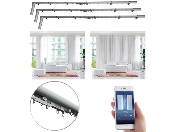 Carlo Milano Smarte Gardinenstange:3er-Set Teleskop-Gardinenstangen Elektr. Antrieb, WLAN&App, 172-306 Cm 3