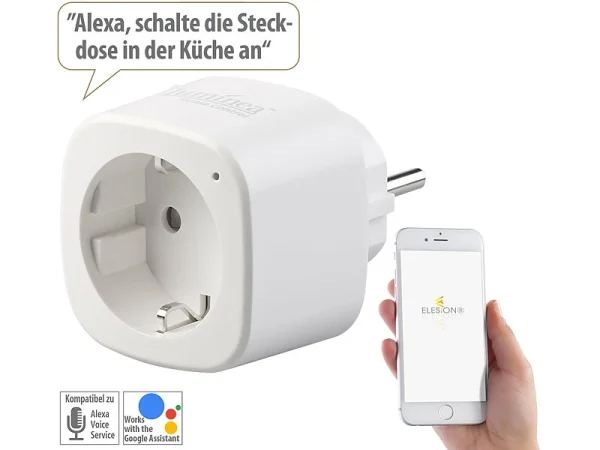 Luminea Home Control Elesion Steckdose:2er-Set WLAN-Steckdosen, Amazon Alexa & Google Assistant Komp., 16 A 4