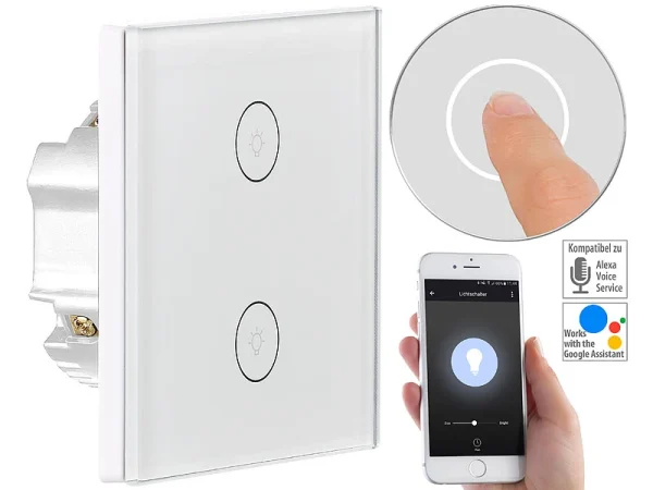 Luminea Home Control WiFi Taster:Touch-Doppel-Lichttaster, Amazon Alexa & Google Assistant Kompatibel 1