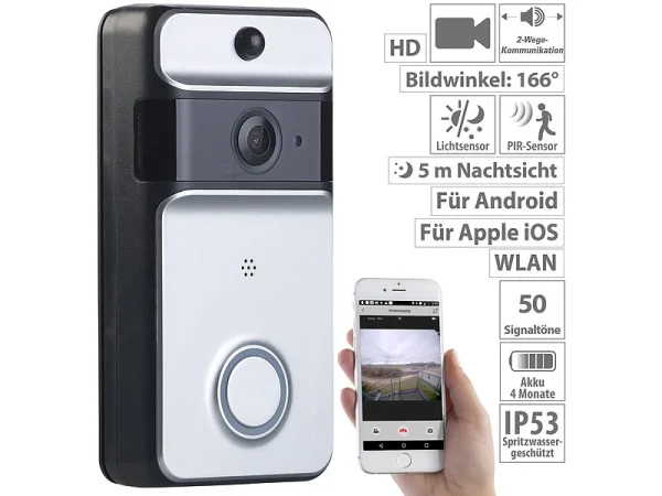 Somikon Klingel Kamera:WLAN-Video-Türklingel Mit App, PIR-Sensor (Versandrückläufer) 1