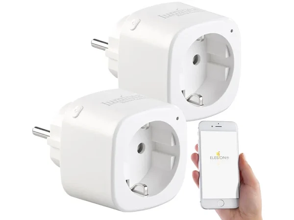 Luminea Home Control Elesion Steckdose:2er-Set WLAN-Steckdosen, Amazon Alexa & Google Assistant Komp., 16 A 3