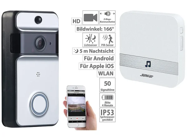 Somikon Türkamera WLAN:WLAN-Video-Türklingel Mit App, PIR-Sensor, Akku, IP53, Funk-Empfänger 1
