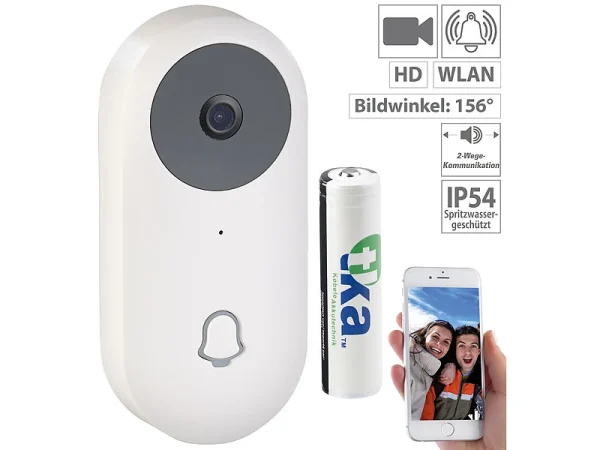 Somikon WLAN Klingel:WLAN-HD-Video-Türklingel Mit App, Gegensprechen, Inkl. Akku 1