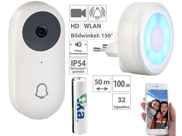 Somikon Klingel Mit Kamera:HD-Video-Funk-Türklingel Mit App, Gegensprechen, 156°-Bildwinkel, Akku 1