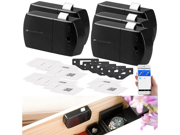 VisorTech Elektronisches Schloss:5er-Set Schubladen- & Schranktüren-Schloss Mit RFID-Schlüssel, BT, App 1
