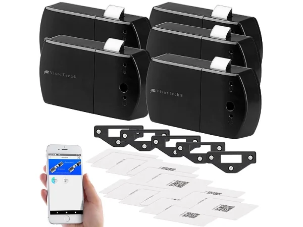 VisorTech Elektronisches Schloss:5er-Set Schubladen- & Schranktüren-Schloss Mit RFID-Schlüssel, BT, App 3