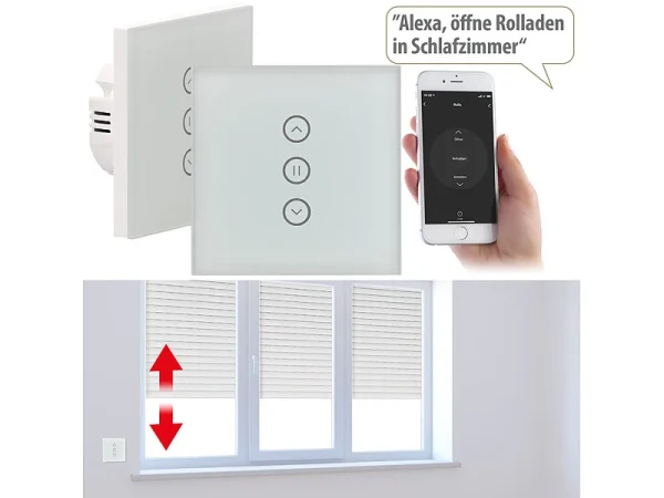 Luminea Home Control WiFi Rolladenschalter:2er-Set Rollladen-Touch-Unterputz-Steuerung, App & Sprachsteuerung 1
