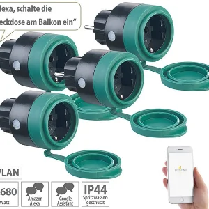 Luminea Home Control WLAN Steckdose Außen:4er-Set Outdoor-WLAN-Steckdosen F. Alexa, Siri & Google Assistant, 16A 16