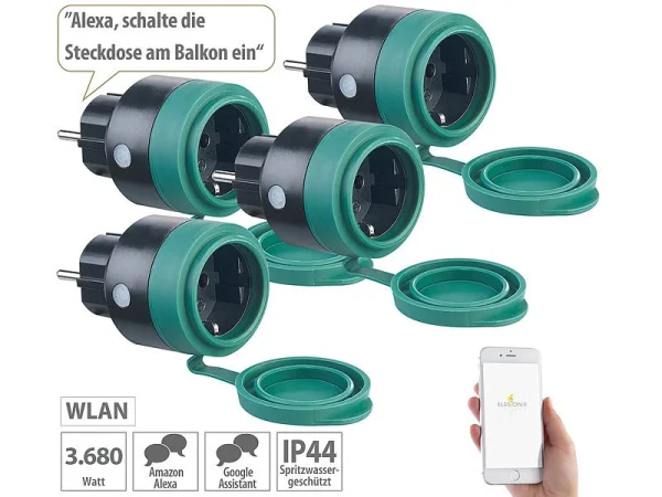 Luminea Home Control WLAN Steckdose Außen:4er-Set Outdoor-WLAN-Steckdosen F. Alexa, Siri & Google Assistant, 16A 3