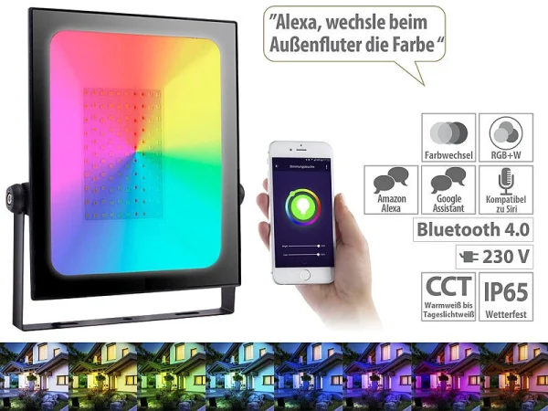 Luminea Home Control RGB-Strahler Außen:Outdoor-Fluter Mit RGB-CCT-LEDs, Bluetooth & App, Versandrückläufer 1