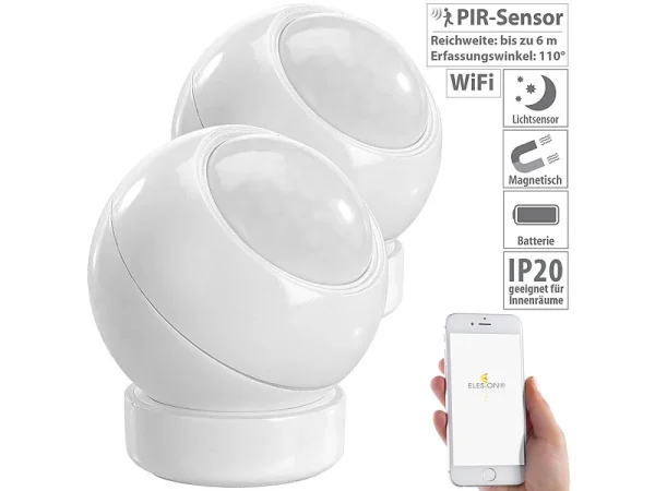 Luminea Home Control Dämmerungssensor:2er-Set WLAN-PIR-Bewegungsmelder Und Lichtsensor Mit App 1