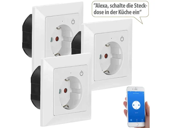 Luminea Home Control Funksteckdose Mit App:WLAN-Unterputz-Steckdose Mit App, Für Siri, Alexa & GA, 3er Pack 1