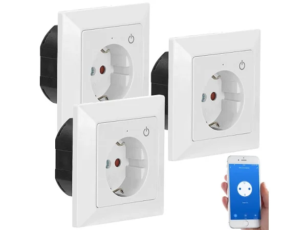 Luminea Home Control Funksteckdose Mit App:WLAN-Unterputz-Steckdose Mit App, Für Siri, Alexa & GA, 3er Pack 3