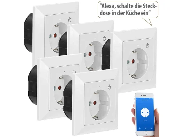 Luminea Home Control Smart Steckdosen:WLAN-Unterputz-Steckdose Mit App, Für Siri, Alexa & GA, 5er Pack 1