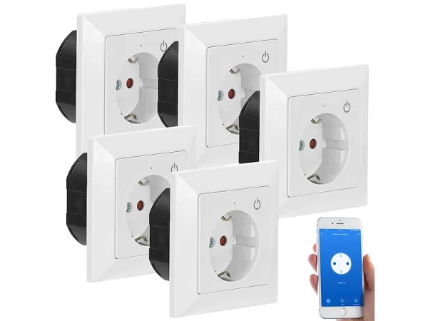 Luminea Home Control Smart Steckdosen:WLAN-Unterputz-Steckdose Mit App, Für Siri, Alexa & GA, 5er Pack 3