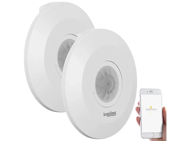 Luminea Home Control WiFi Bewegungsmelder:2er-Set Extra-flacher WLAN-PIR-Bewegungsmelder Mit App, 360°, 230 Volt 3