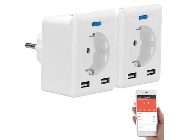 Luminea Home Control Energie Monitor:2er-Set WLAN-Steckdosen, 2 USB, App, Komp. Zu Alexa, Google, Siri 3