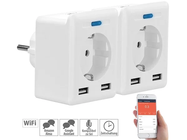 Luminea Home Control Energie Monitor:2er-Set WLAN-Steckdosen, 2 USB, App, Komp. Zu Alexa, Google, Siri 1