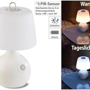 Lunartec Nachttischlampe Kabellos:2er-Set LED-Tischlampe, PIR- & Licht-Sensor, Warm- & Tageslichtweiß 20