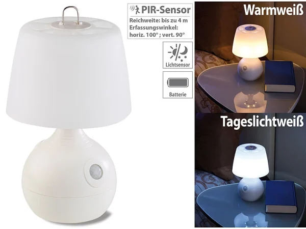 Lunartec Nachttischlampe Kabellos:2er-Set LED-Tischlampe, PIR- & Licht-Sensor, Warm- & Tageslichtweiß 5