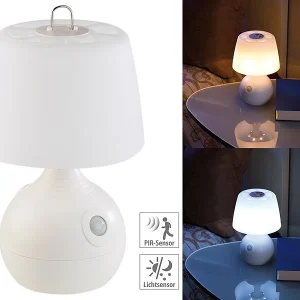 Lunartec Nachttischlampe Kabellos:2er-Set LED-Tischlampe, PIR- & Licht-Sensor, Warm- & Tageslichtweiß 22