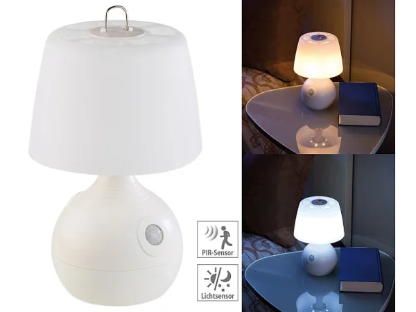 Lunartec Nachttischlampe Kabellos:2er-Set LED-Tischlampe, PIR- & Licht-Sensor, Warm- & Tageslichtweiß 6