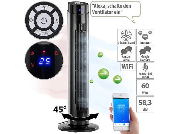 Sichler Turm-Lüfter-Ventilator:Turmventilator, Ionisator, WLAN & App, Siri, Versandrückläufer 1
