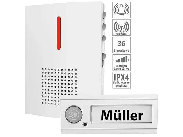 CASAcontrol Funkgong:Funk-Türklingel + 2 Empfänger, Licht & Ton Signal, IPX4, Weiß 1