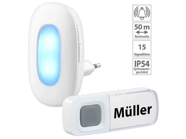 CASAcontrol Lichtklingel:Steckdosen-Funk-Klingel Mit Optischem Signal, 15 Melodien, 50 M, IP54 1