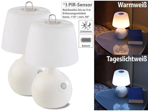Lunartec Nachttischlampe Kabellos:2er-Set LED-Tischlampe, PIR- & Licht-Sensor, Warm- & Tageslichtweiß 1
