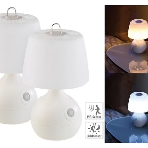 Lunartec Nachttischlampe Kabellos:2er-Set LED-Tischlampe, PIR- & Licht-Sensor, Warm- & Tageslichtweiß 16