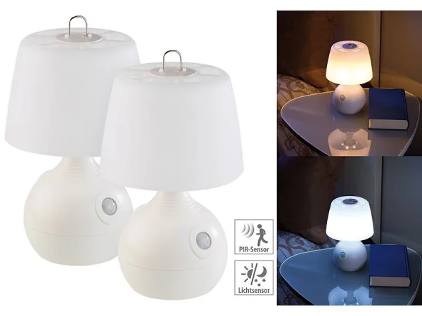 Lunartec Nachttischlampe Kabellos:2er-Set LED-Tischlampe, PIR- & Licht-Sensor, Warm- & Tageslichtweiß 3