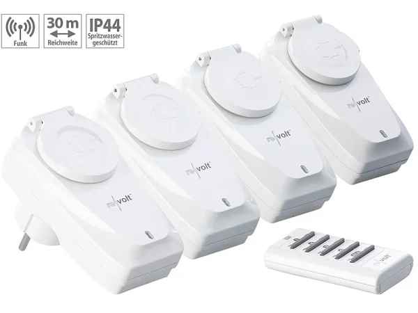 Revolt Funksteckdosen Außen:4er-Set Outdoor-Funksteckdosen Mit Fernbedienung, IP44, Bis 1.000 Watt 1