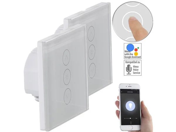 Luminea Home Control Smart Home Lichtschalter:2er-Set Touch-Lichtschalter & Dimmer, Für Alexa & Google Assistant 1