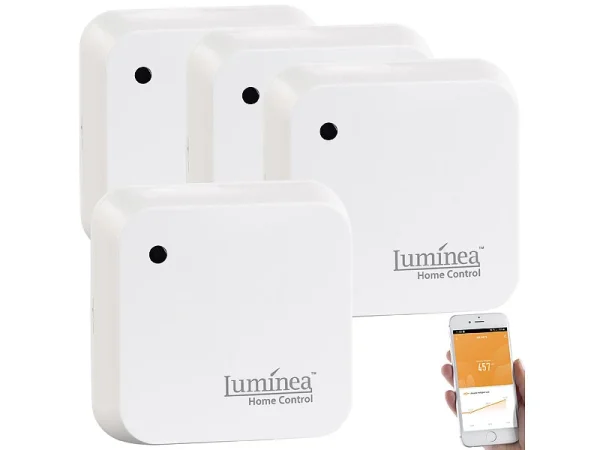Luminea Home Control Lichtsensor Alexa:4er-Set Wetterfeste WLAN-Licht- & Dämmerungs-Sensoren Mit App, IP55 4