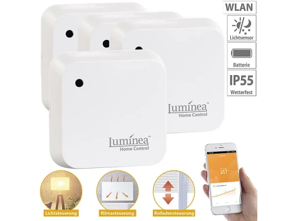 Luminea Home Control Lichtsensor Alexa:4er-Set Wetterfeste WLAN-Licht- & Dämmerungs-Sensoren Mit App, IP55 1