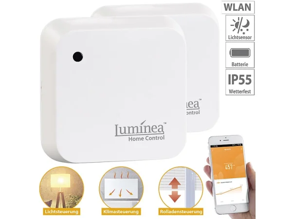 Luminea Home Control Sonnensensor:2er-Set Wetterfeste WLAN-Licht- & Dämmerungs-Sensoren Mit App, IP55 1