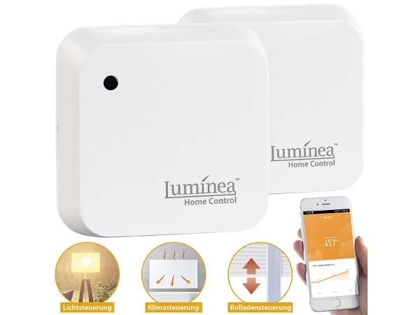 Luminea Home Control Sonnensensor:2er-Set Wetterfeste WLAN-Licht- & Dämmerungs-Sensoren Mit App, IP55 3