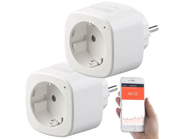 Luminea Home Control Energiemessgerät WLAN:2er-Set WLAN-Steckdosen, Amazon Alexa & Google Assistant Komp., 16 A 1