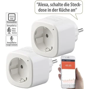 Luminea Home Control Energiemessgerät WLAN:2er-Set WLAN-Steckdosen, Amazon Alexa & Google Assistant Komp., 16 A 18