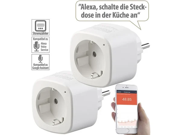 Luminea Home Control Energiemessgerät WLAN:2er-Set WLAN-Steckdosen, Amazon Alexa & Google Assistant Komp., 16 A 3