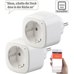 Luminea Home Control Energiemessgerät WLAN:2er-Set WLAN-Steckdosen, Amazon Alexa & Google Assistant Komp., 16 A 20